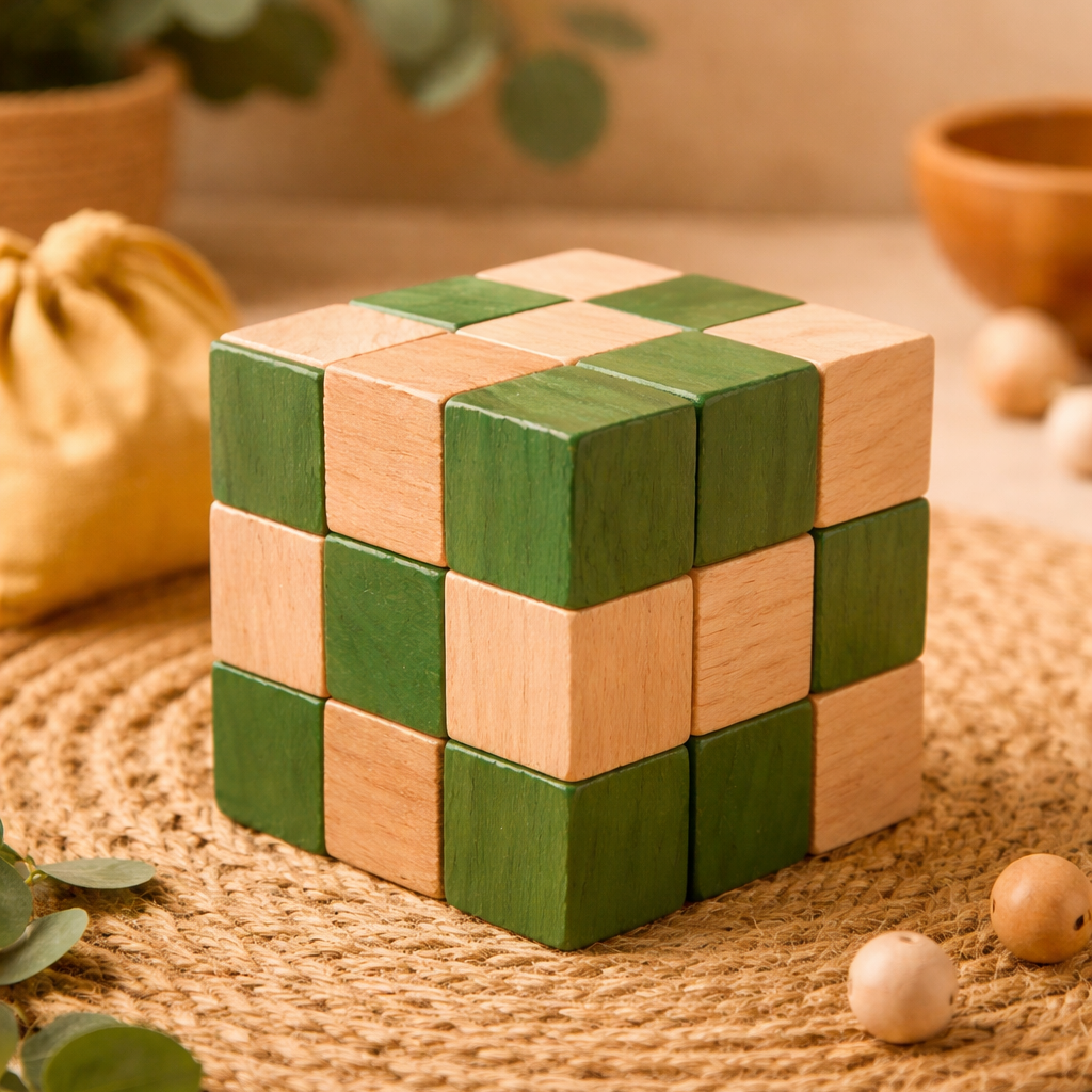 Wooden cube puzzle on a woven mat with plants and bowls in the background