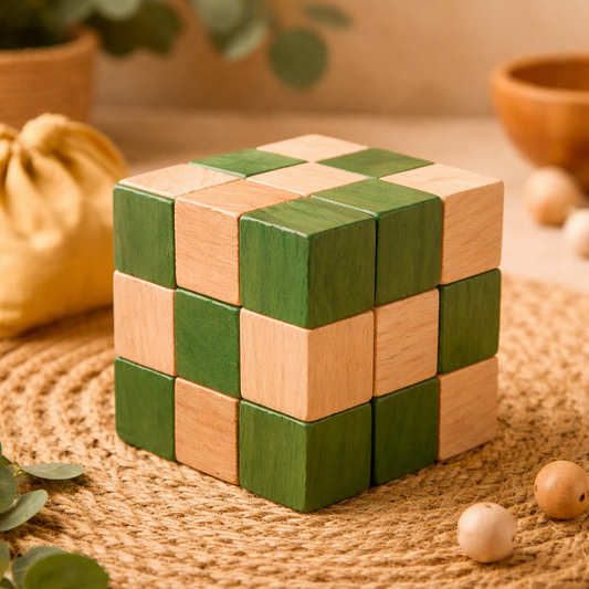 Wooden cube puzzle on a woven mat with plants and bowls in the background