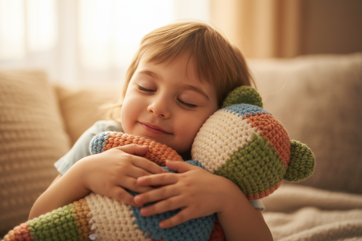 a kid cuddling with a crochet toyb